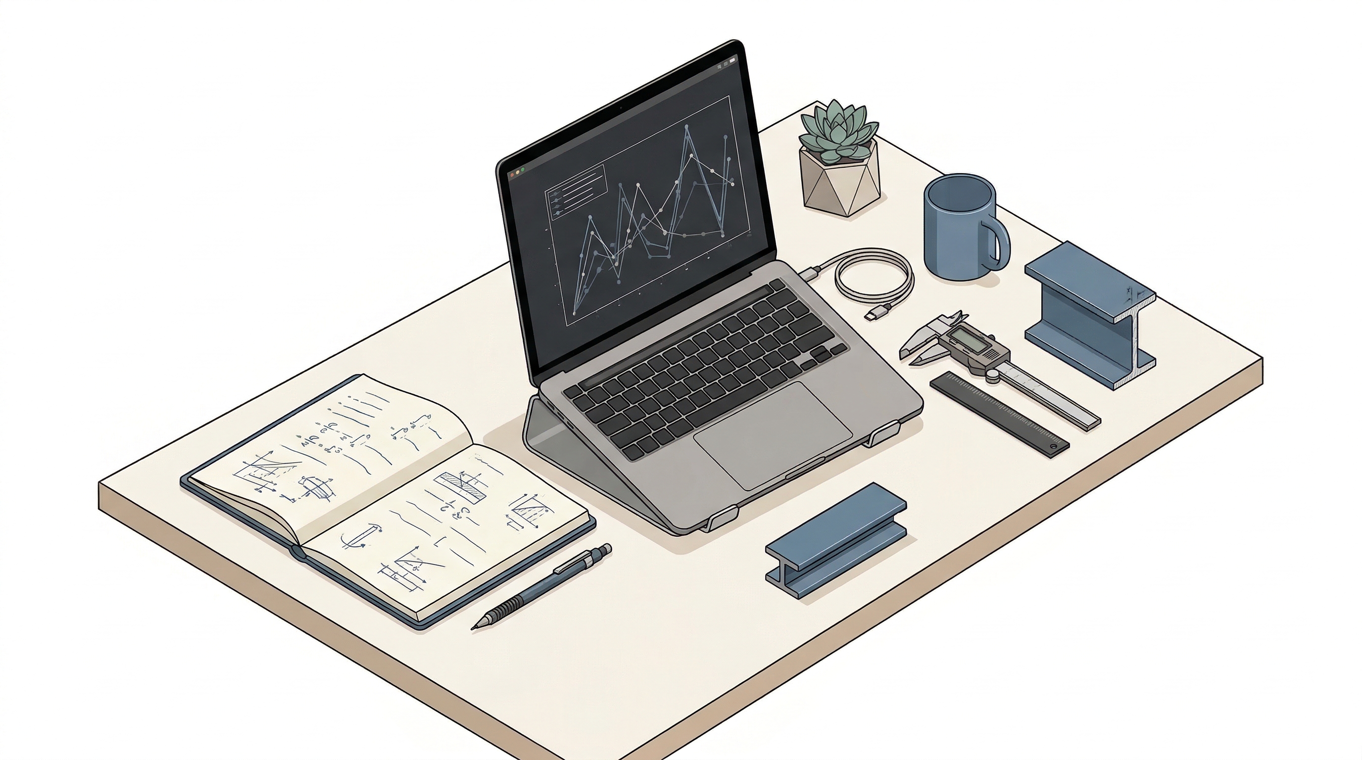 Engineer's desk with technical notebooks and calculation tools