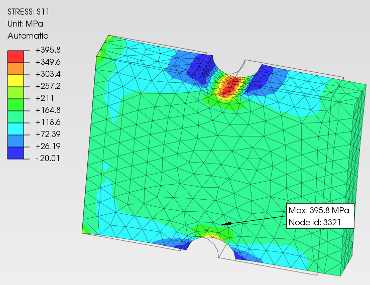 Von Mises stress distribution at semicircular notch — PrePoMax FEM verification of fatigue pipeline