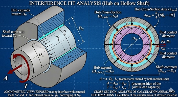 Interference fit analysis — hub on hollow shaft, axonometric and cross-section view