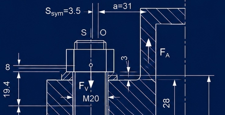 Cross-section of DN40 flange joint with M20 bolt, washer, and eccentric loading — blueprint style