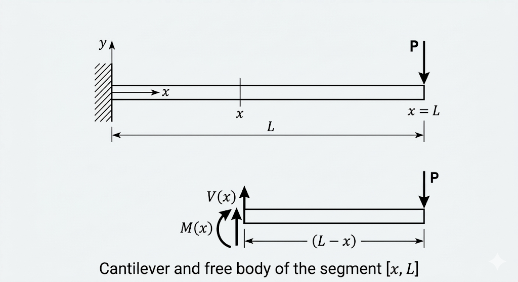 Cantilever beam with tip point load — geometry and sign convention for deflection derivation