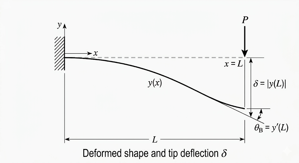 Deflected shape of a cantilever beam under tip load — result of double integration of EI·y″ = M(x)