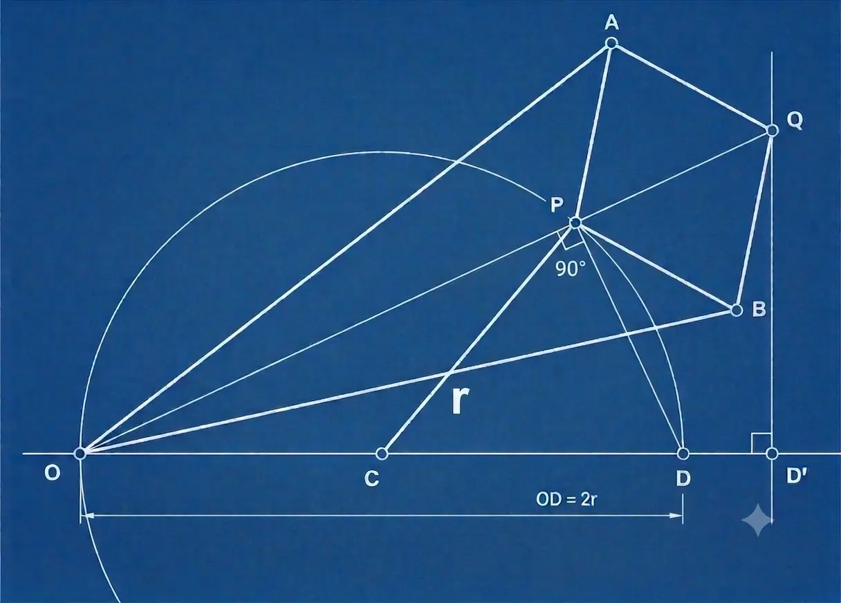 Inverse of the motor circle: Thales at P, similar triangles, the rectilinear locus of Q