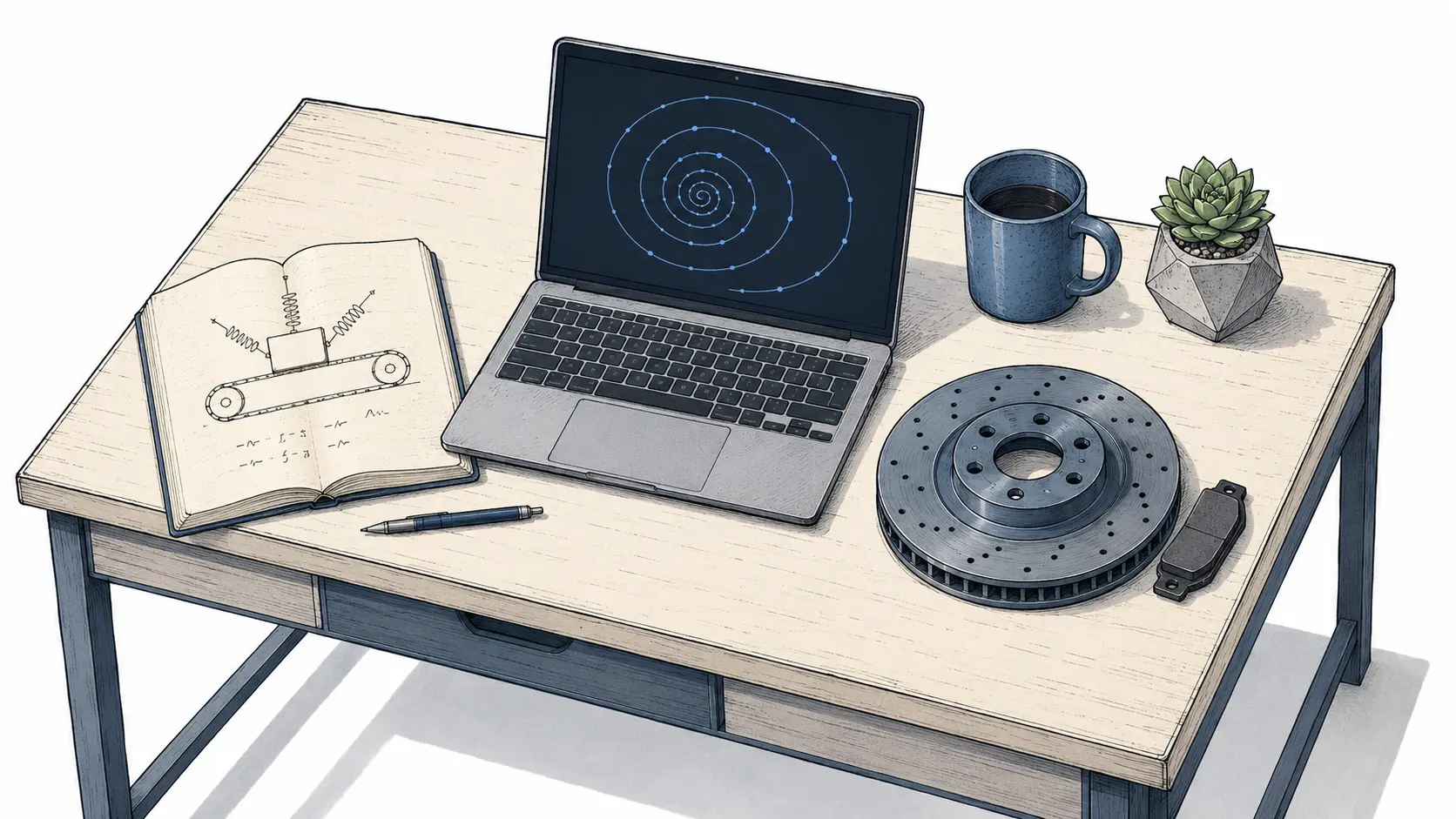 Isometric illustration of an engineer's desk: a laptop showing a spiralling oscillation, a notebook sketch of a spring–mass–belt model, and a brake disc